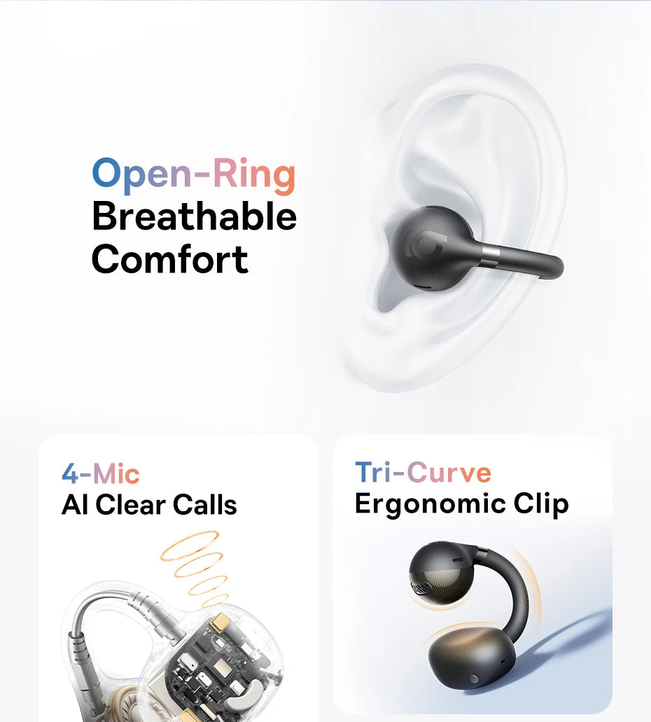 Baseus Bass BC1 Open Ear Earbuds Clip-On Headphones Open-Ring Comfort Clip Earphones SuperBass 4-Mic Clear Calls Sports Earbuds