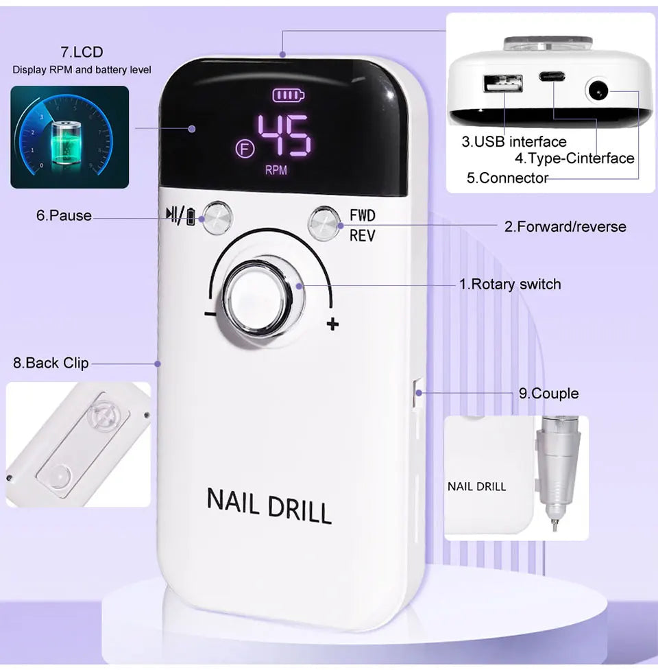 Nail Drill 45000 RPM Rechargeable Nails Electric File for Acrylic Gel Removing & Polishing Gel for Home/Salon Manicure Pedicure