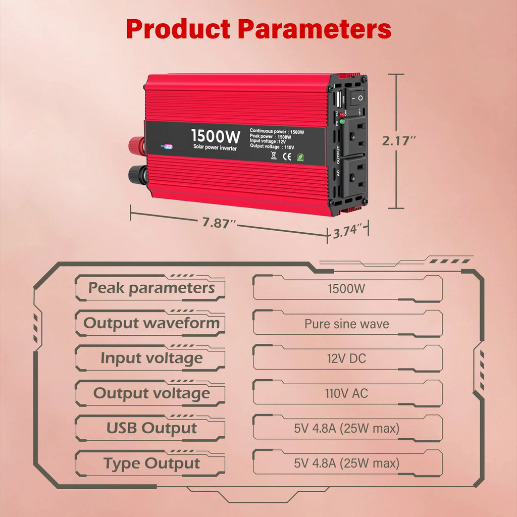 Portable Power Inverter 50Hz Nominal 1500W DC 12V to AC 110V with Dual Sockets for Car Outdoor Use Modified Sine Wave