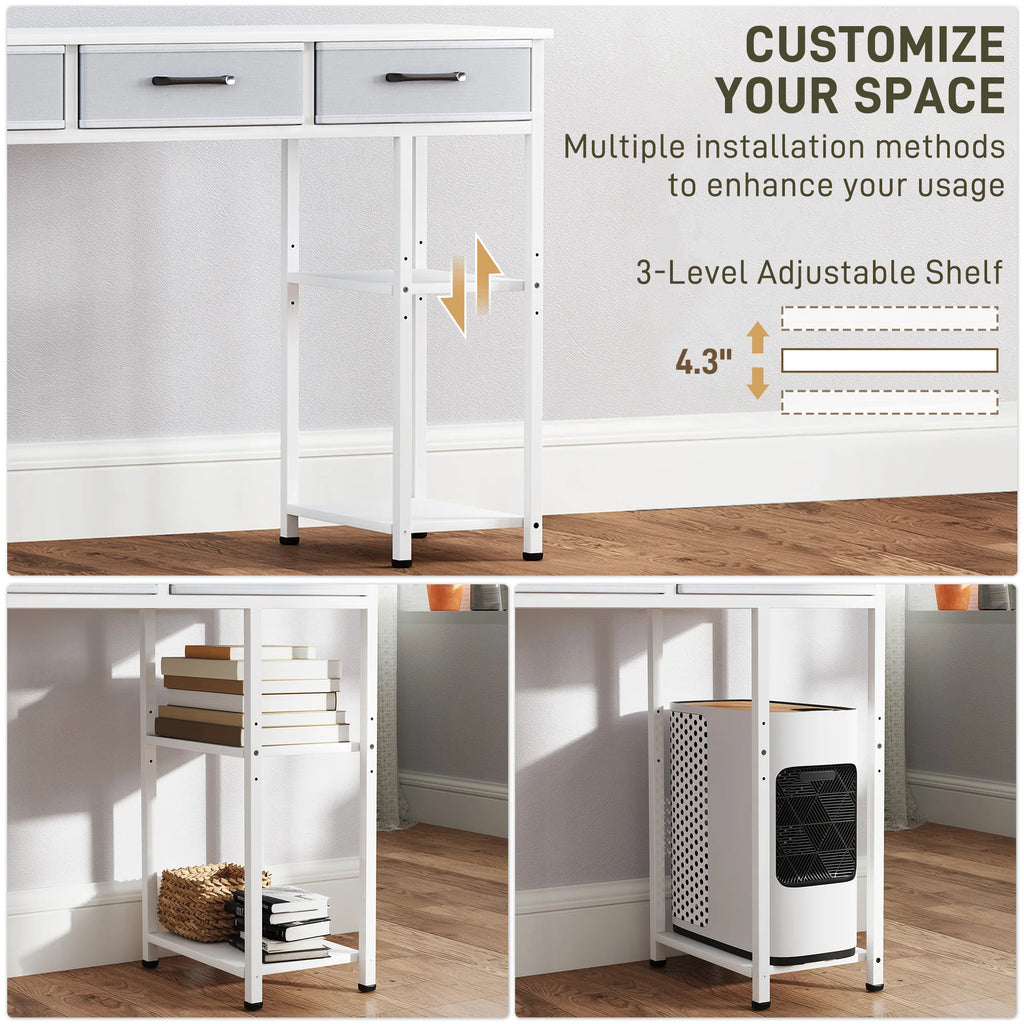 47" Computer Desk with 3 Fabric Drawers, Home Office Desk with Adjustable Shelves, Small Writing Desk with Storage, White