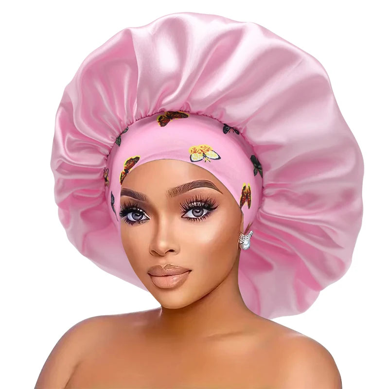 Women's Butterfly Design Silk Sleep Cap Wide-Tie Milk Bonnet Single Piece Hair Accessory
