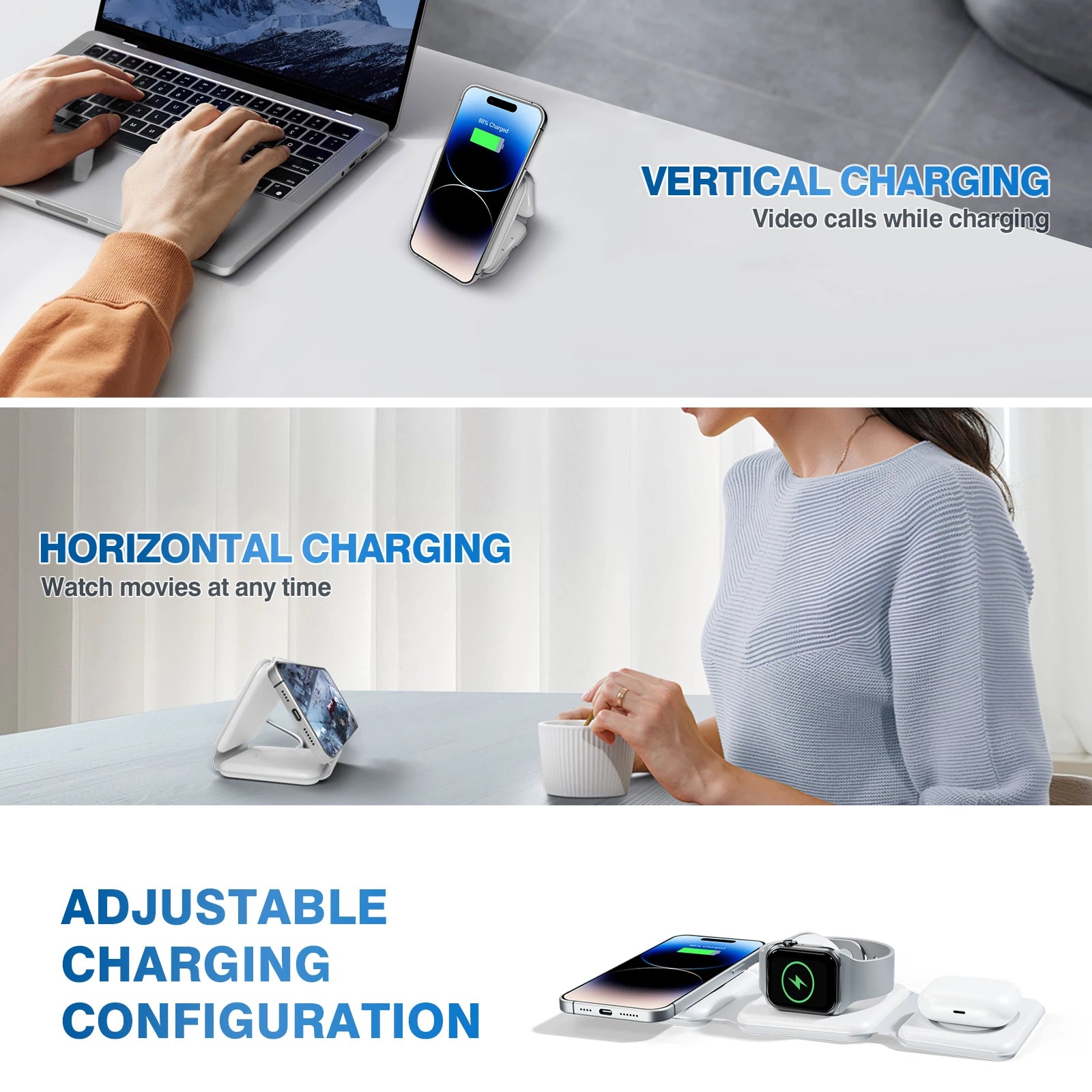 15W Magnetic Wireless Chargers 3 in 1 Foldable Phone Charge Dock Fast Charg Travel for Apple Watch IPhone 14/13/12/11/X AirPods