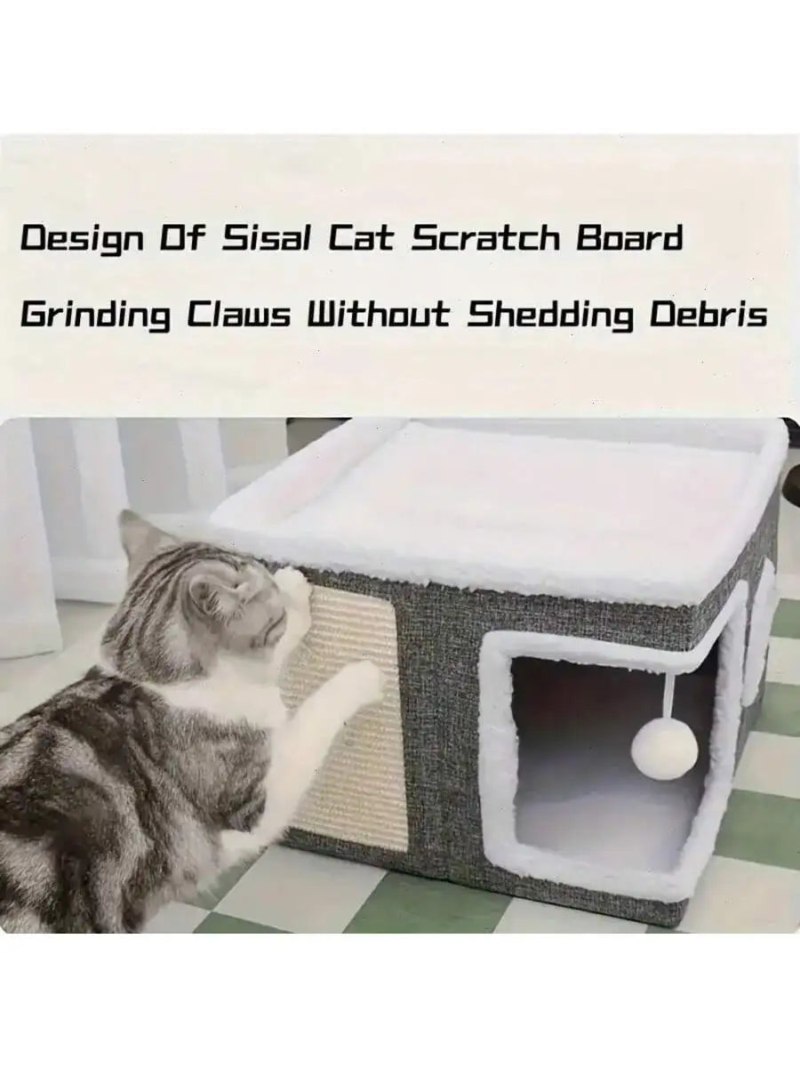 4-Season Multi-Level Cat House: Foldable Indoor Play Cube with 2-Layer Bed, Toy Tunnel, Scratching Board, Climbing Rope, Soft Cushions, and Non-Slip Base - Perfect Cat Cave & Warm Bed for Small to Large Cats (Grey）