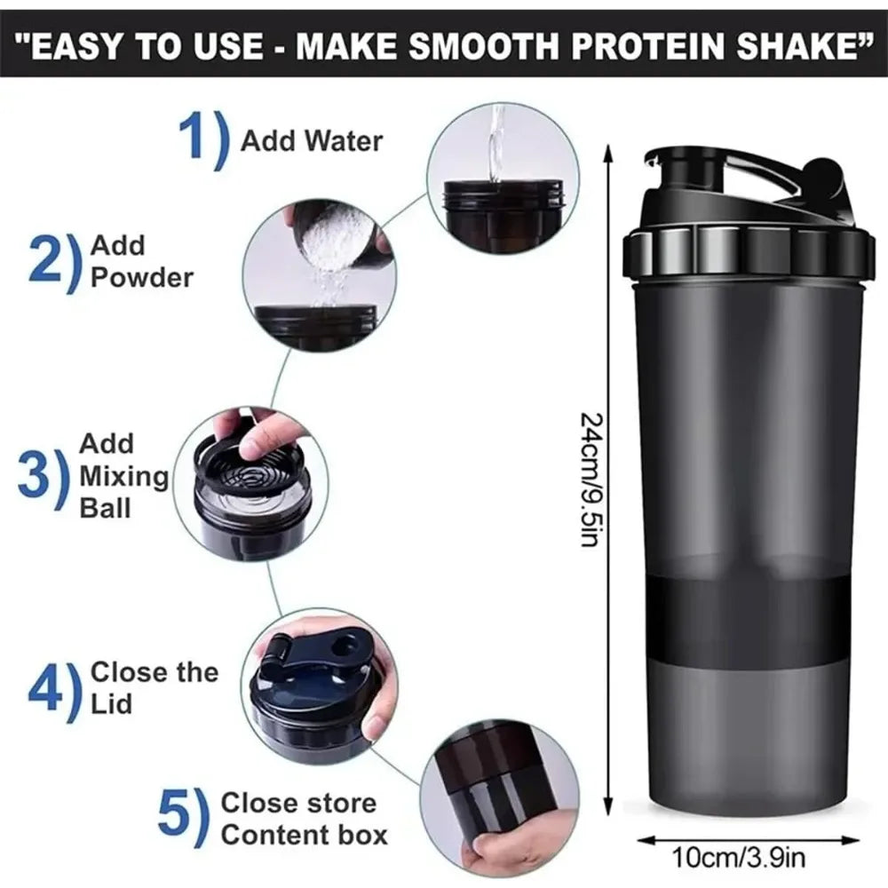3 Layers Shaker Protein Bottle Powder Shake Cup Water Bottle Plastic Mixing Cup Body Building Exercise Bottle