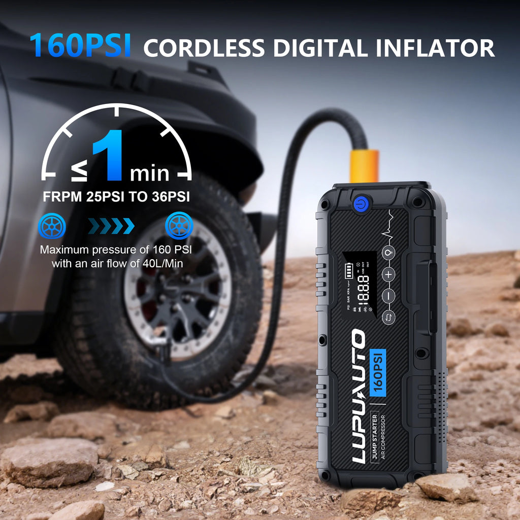 4 In 1 Car Jump Starter with LED Lighting 4000A Portable Car Battery Charger Power Bank Tire Inflator Pump 160PSI Air Compressor