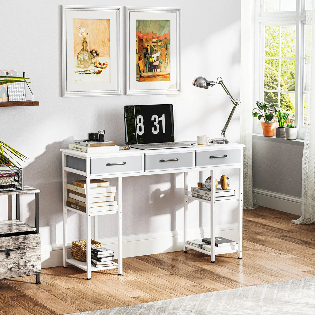47" Computer Desk with 3 Fabric Drawers, Home Office Desk with Adjustable Shelves, Small Writing Desk with Storage, White