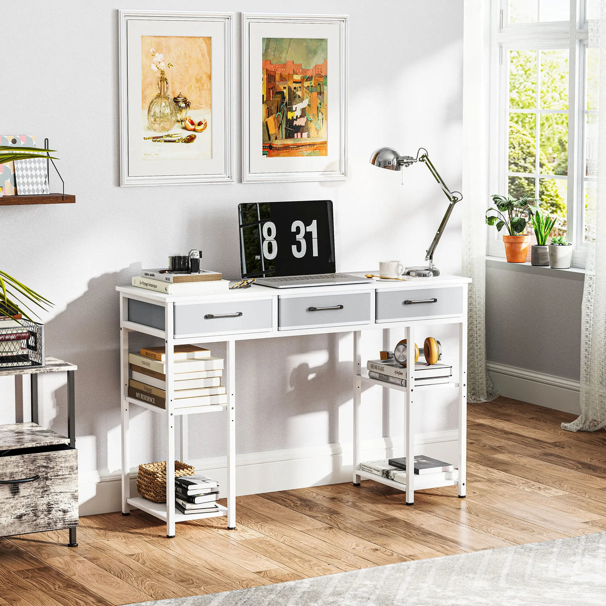 47" Computer Desk with 3 Fabric Drawers, Home Office Desk with Adjustable Shelves, Small Writing Desk with Storage, White