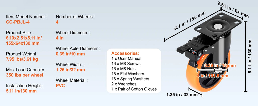 SucceBuy 2/3/4/5/6-inch Swivel Plate Casters Set of 4 with Security Dual Locking PVC Caster Wheels for Cart Furniture Workbench