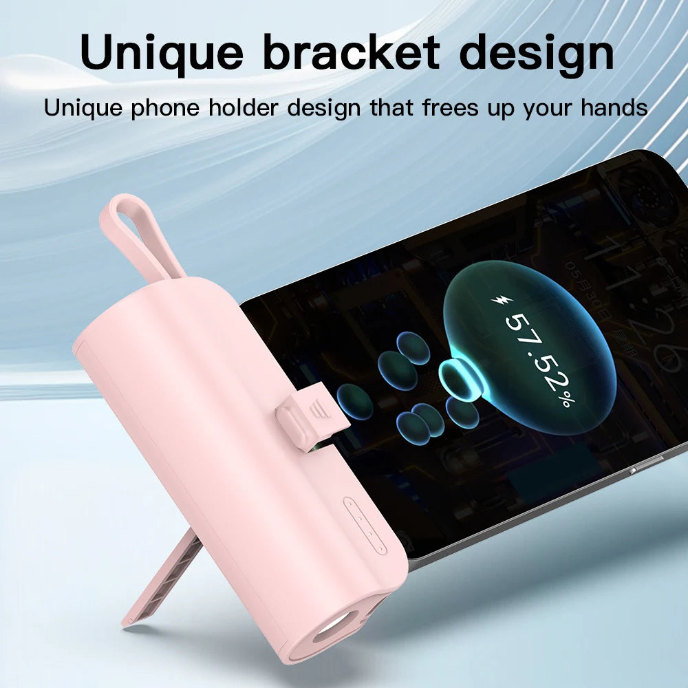 Mini portable 5000mAh power bank with built-in cable charging port, built-in LED lighting lamp, and built-in stand function
