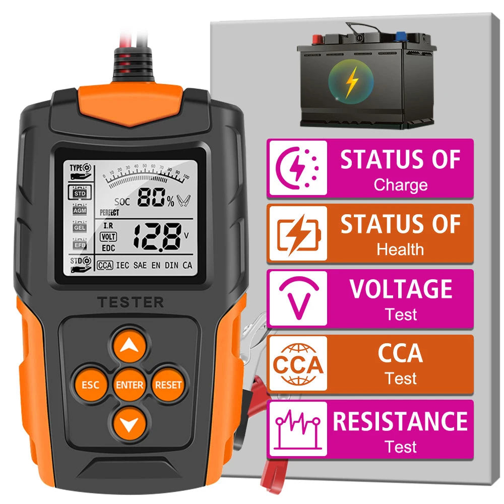 Car Motorcycle Battery Tester 12V 24V Smart Battery Checker Analyzer Test Repair Tools Auto Accessories Universal Lead Acid for RV Truck ATV