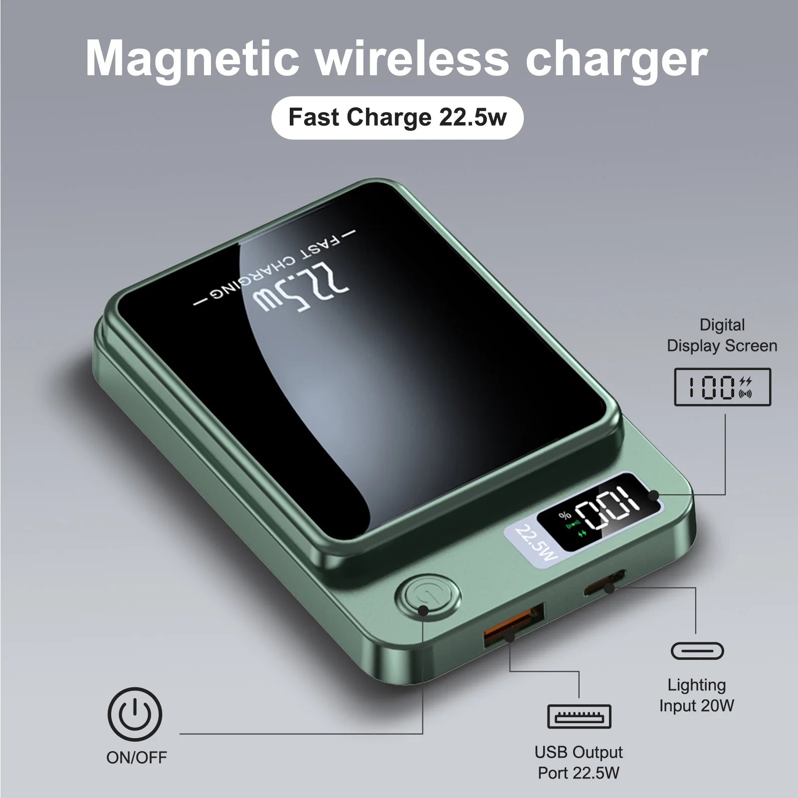 2-in-1 Wireless Magnetic Power Bank Fast Charging Portable PD 22.5W 10000mAh LED Power Display for iPhone 17/16/15/14 Samsung