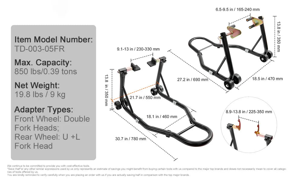 SucceBuy Motorcycle Stand Lift 850lbs Front Rear Combo Stand Lift Stand Front&Rear Wheel Fork Stand Heavy Duty Rear Wheel Stand