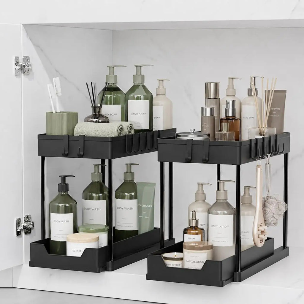 2 Tier Sliding Under Sink Organizer with 5 Side Hooks and 3 Detachable Hanging Baskets,Pull Out Rustproof Metal Storage Rack,Tool Free Assembly,Multi Scene Space Saving Shelf for Kitchen,Bathroom,Laundry Room,Pantry,Apartment