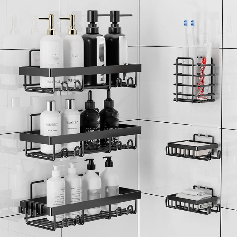 6 Pack Shower Caddy Shelf Organizer Rack, Self Adhesive Black Bathroom Shelves Basket, Bathroom Accessory Decor Set, No Drilling
