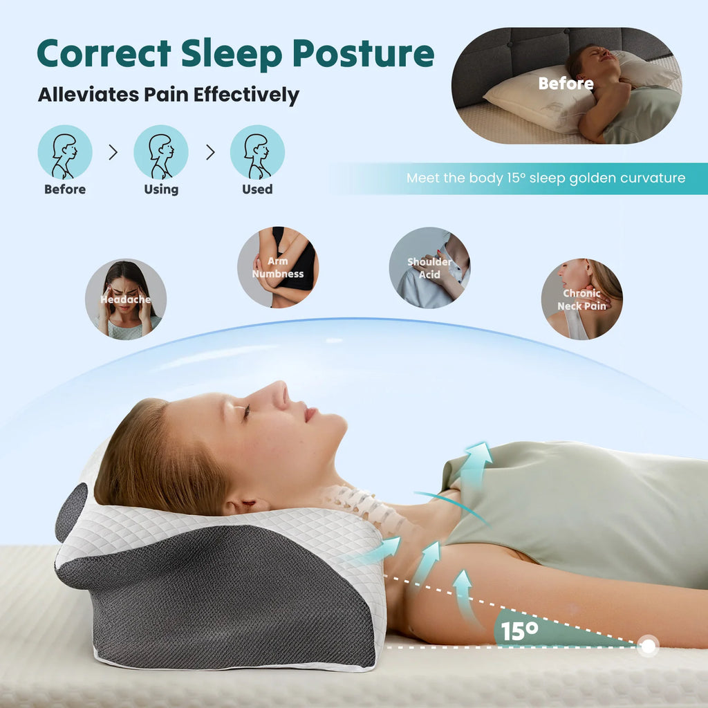 JHK Ergonomic 23.6" Largex13.8" Wide Cervical Neck Pillow Memory Foam Pillow with Cooling Pillowcase Cervical Contour Pillows