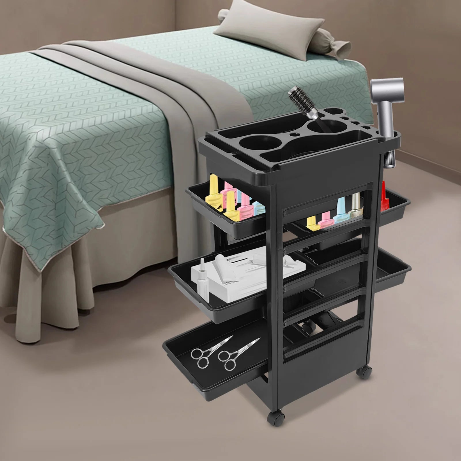 Salon Trolley Cart with Wheels and 5 Drawers, Multipurpose Beauty Cart, Hairdressing Rolling Cart for Barbershop Beauty Spa, Black