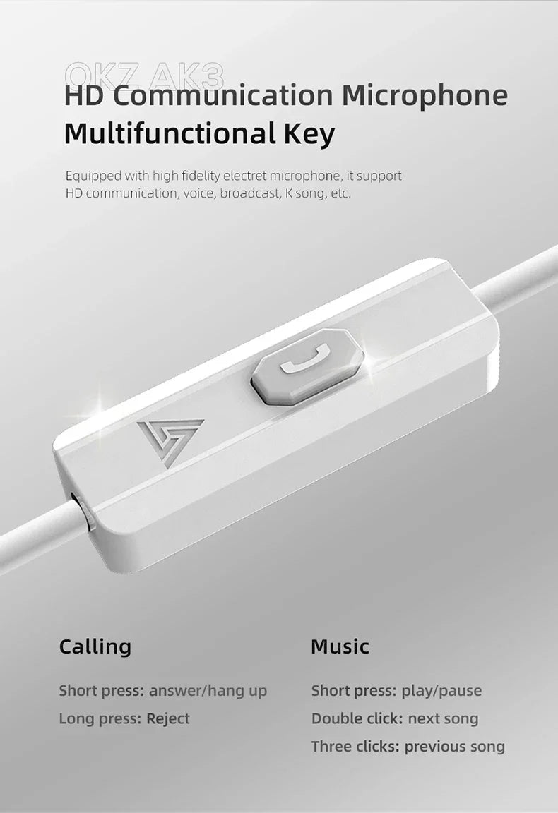 QKZ AK3 FiLe Wired Earphone with Microphone HiFi Music Monitor Bass Headphones Noise Cancelling Headset For Sport Gaming Earbuds