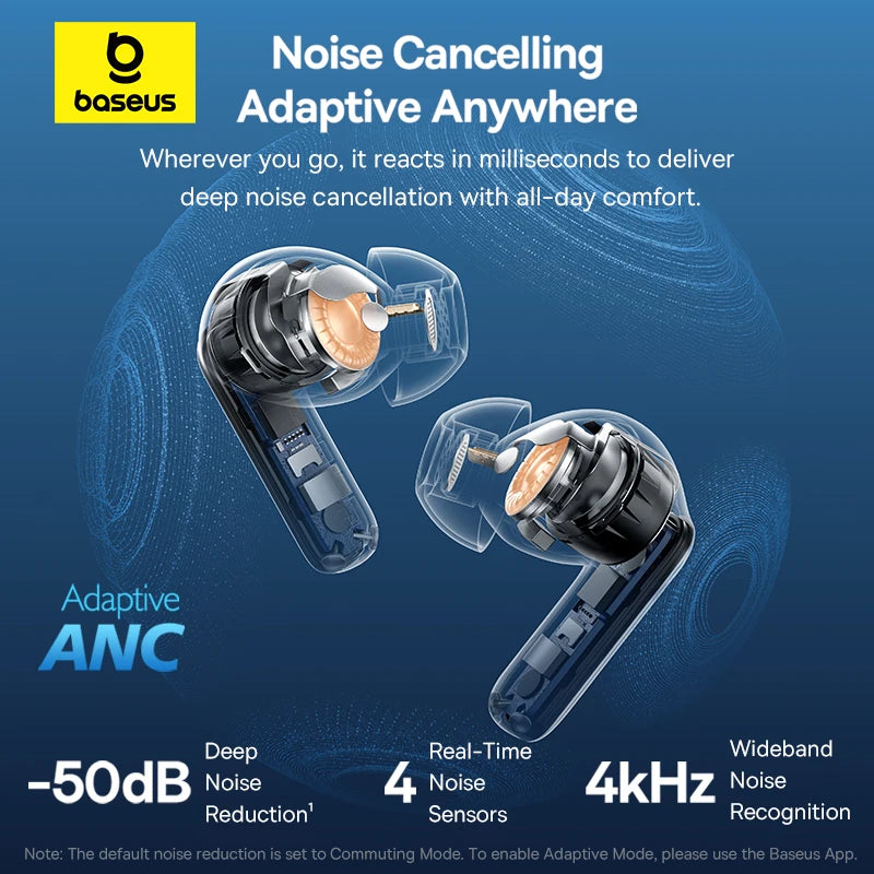 Baseus Bass BP1 Pro -50dB Noise Cancelling Wireless Earbuds Bluetooth 6.0 LDAC Hi-Res Sound 6-Mic AI Clear Calls IP55 Earphones
