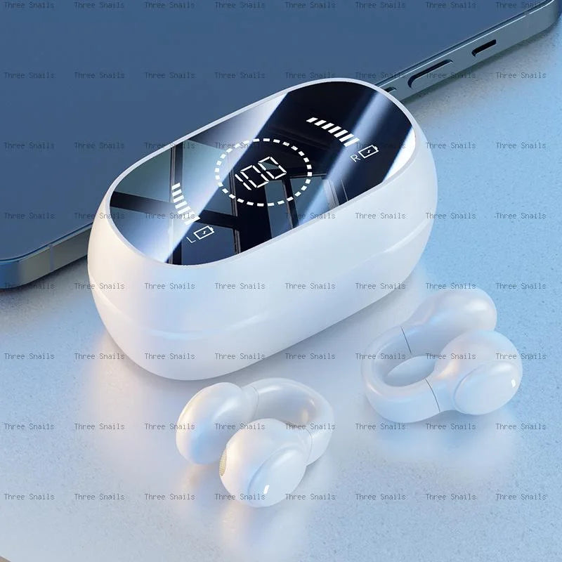 Sports Bluetooth Ear Clip Headphones LED Mirror Screen, HiFi Lossless Sound, Noise Cancelling, Soft Silicone Comfort Earphones
