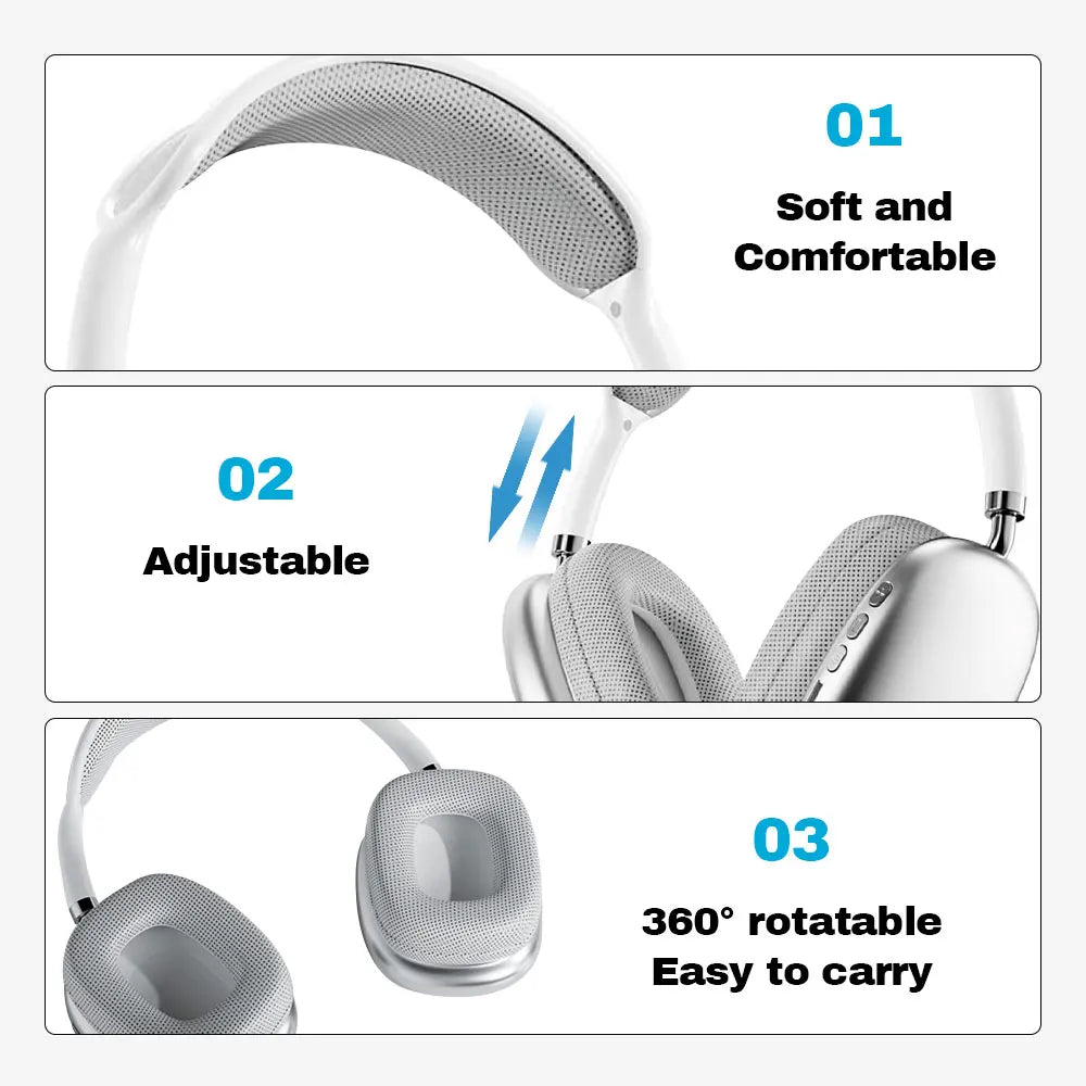Wireless Bluetooth Headphones Over Ear HIFI Stereo Bass Headset Support TF Card 3.5mm Wired Audio Foldable Adjustable Headphones for Phone PC Laptop