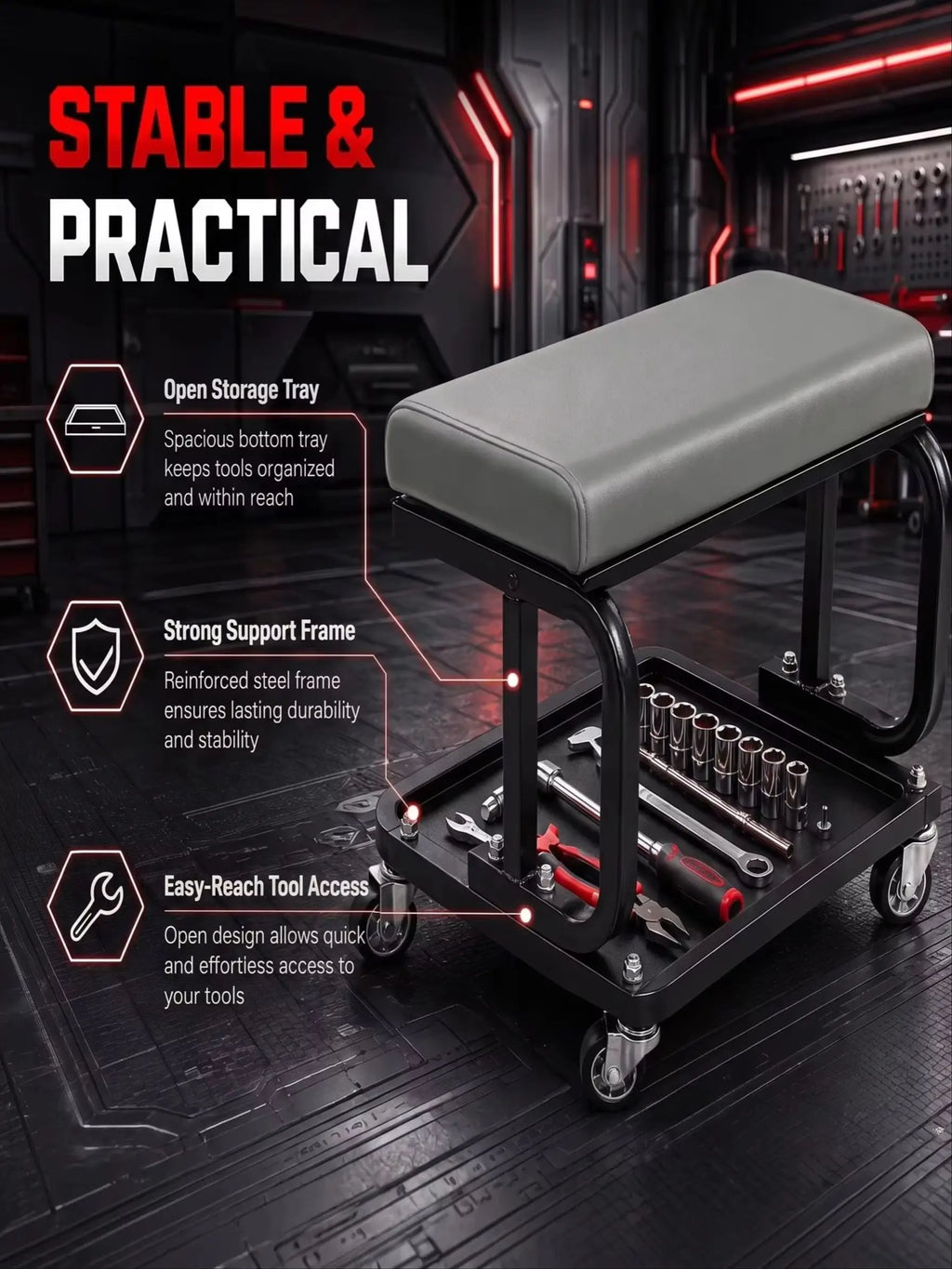 3-In-1 Auto Repair Bench with Roller Moving Tool Tray Foldable Adjustable Rolling Garage Seat 300 Lbs Capacity Lying Sitting Leaning with 6 Wheel Rollers