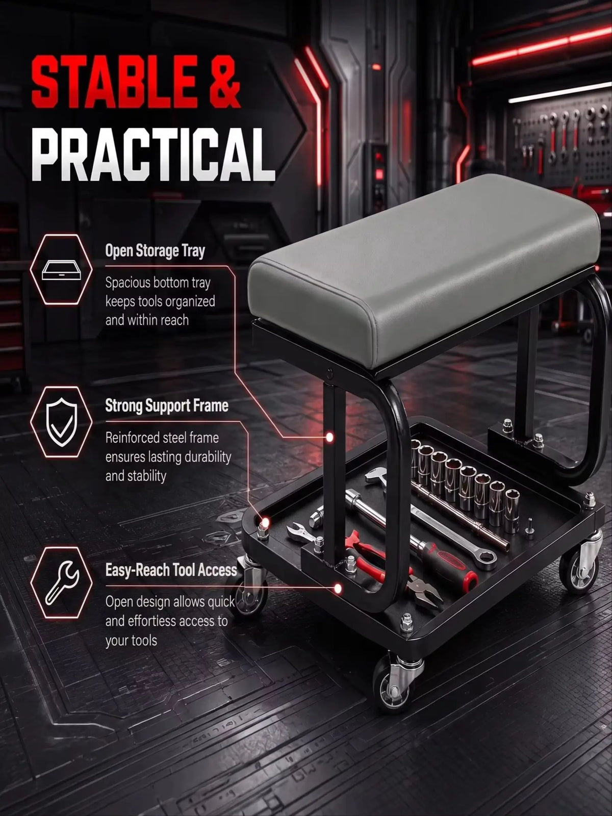3-In-1 Auto Repair Bench with Roller Moving Tool Tray Foldable Adjustable Rolling Garage Seat 300 Lbs Capacity Lying Sitting Leaning with 6 Wheel Rollers