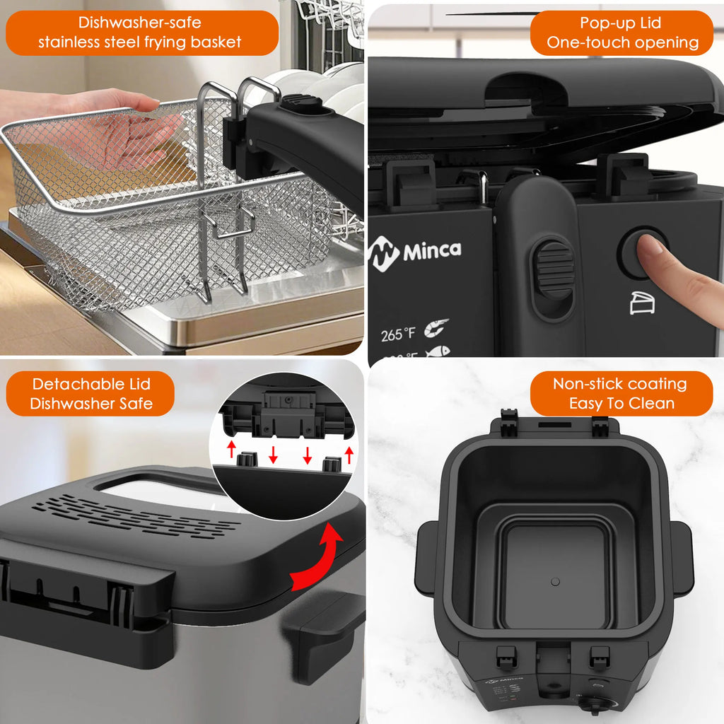 M Minca 2.5L Deep Fryer, 1500W Non-Stick Electric Fryer with Temperature Control, Detachable Lid & Odor Filter, Removable Frying Basket, Non-Slip Base, Easy to Clean, Ideal for Small Families