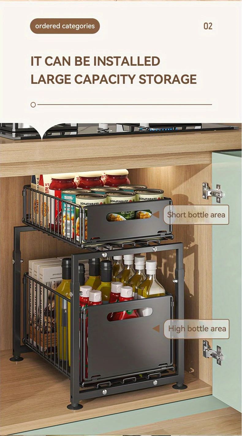 2 Tier Slide Out Cabinet Organizer Heavy Duty, Under Sink Storage Shelf for Kitchen Bathroom, Adjustable Metal Shelf 1/2 Pack