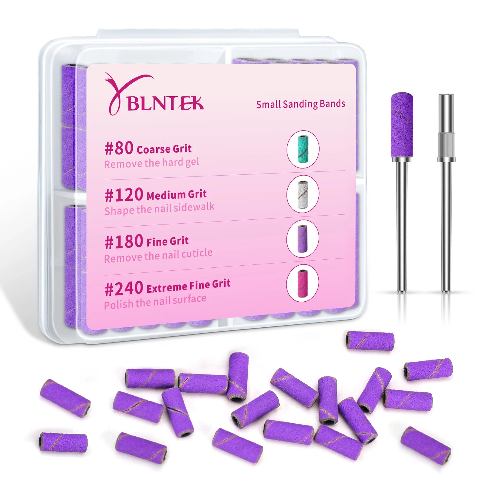 180/240 Fine Grit Small Nail Sanding Bands for Nail Drill, 80 Pcs Nail File Sanding Bands with Drill Bits for Manicure Pedicure