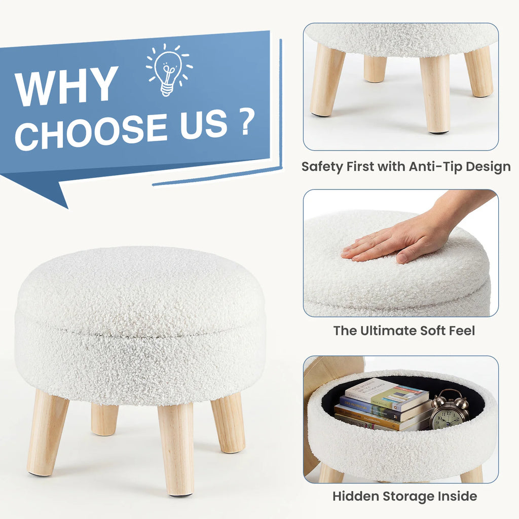 JHK Round Storage Ottoman Stool Teddy Velvet Padded Seat Footstool with Hidden Storage Wood Legs for Living Room Bedroom