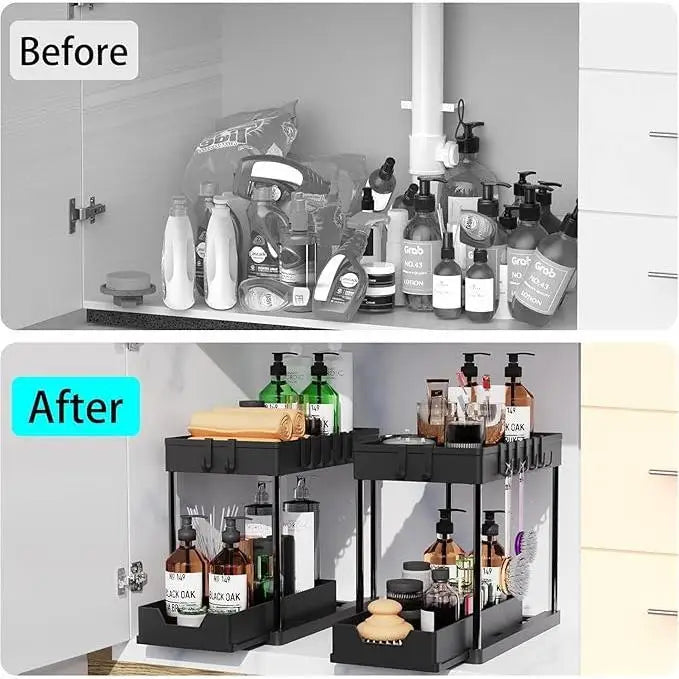 2 Tier Sliding Under Sink Organizer with 5 Side Hooks and 3 Detachable Hanging Baskets,Pull Out Rustproof Metal Storage Rack,Tool Free Assembly,Multi Scene Space Saving Shelf for Kitchen,Bathroom,Laundry Room,Pantry,Apartment