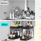 2 Tier Sliding Under Sink Organizer with 5 Side Hooks and 3 Detachable Hanging Baskets,Pull Out Rustproof Metal Storage Rack,Tool Free Assembly,Multi Scene Space Saving Shelf for Kitchen,Bathroom,Laundry Room,Pantry,Apartment