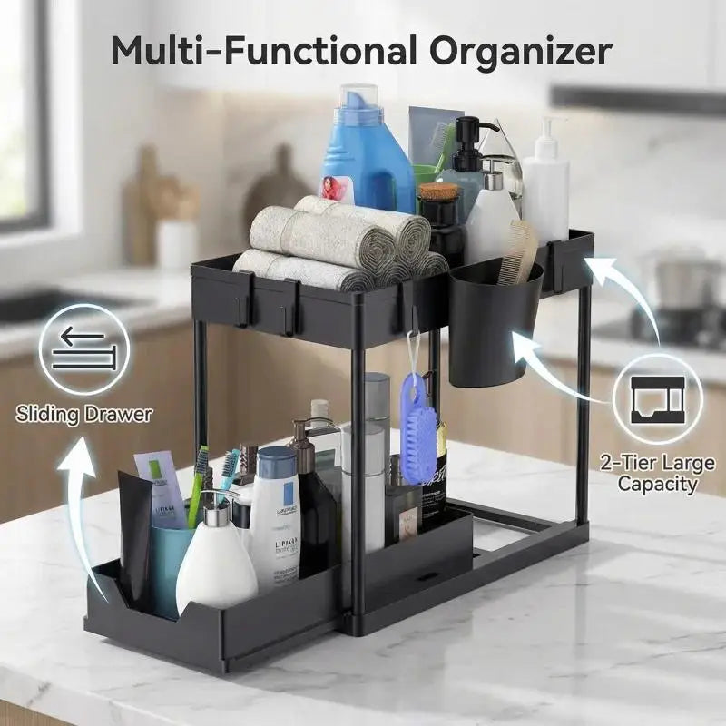 2 Tier Sliding Under Sink Organizer with 5 Side Hooks and 3 Detachable Hanging Baskets,Pull Out Rustproof Metal Storage Rack,Tool Free Assembly,Multi Scene Space Saving Shelf for Kitchen,Bathroom,Laundry Room,Pantry,Apartment