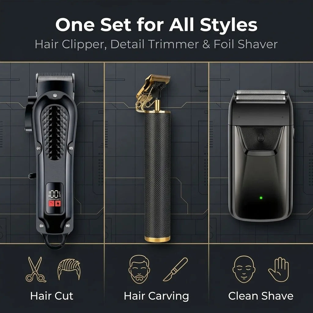 Professional 3-in-1 Electric Hair Clipper Set with LED Display, USB Rechargeable Cordless Trimmer for Men, Beard & Head Shaver Kit with Multiple Guide Combs