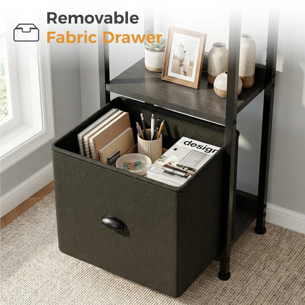 MCQ 4 Tiers Metal Classic Bookshelf with Fabric Drawer Freestanding Tall Display Shelf Storage Shelves Bookshelf Sturdy Structure Graduated Shelves for Home