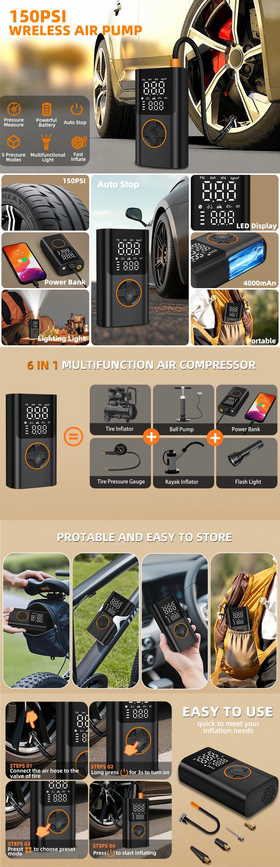 Cordless Mini Tire Inflator, 150 PSI Portable Air Compressor with Digital Display & LED Light, for Car, Motorcycle, Bike, Ball