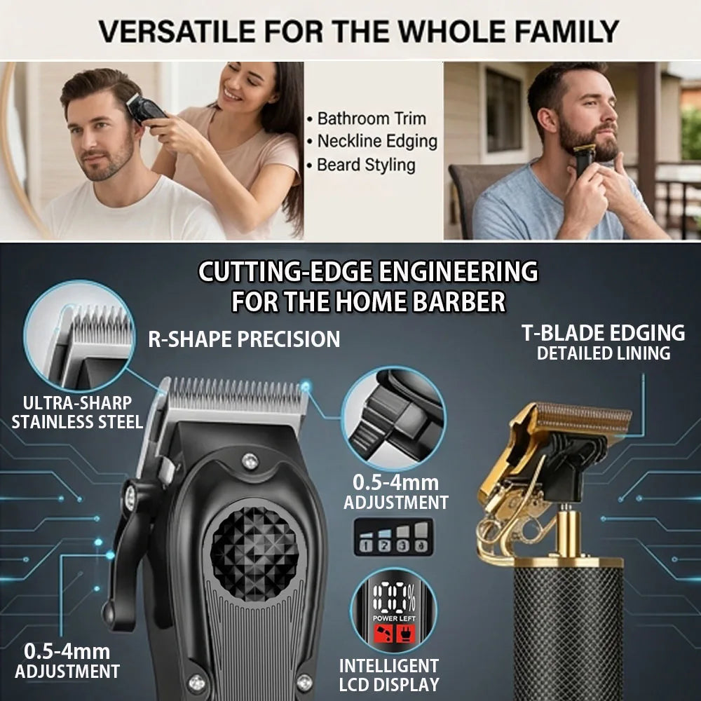 Professional Hair Clippers with LED Display, Cordless Rechargeable Trimmer & T-Blade Shaver for Men, Balding Grooming Kit