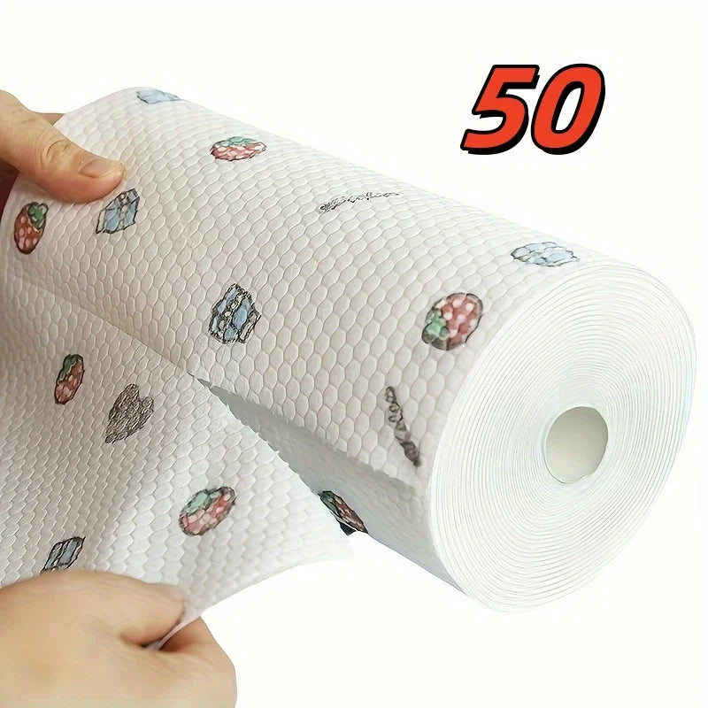 50 100pcs/roll Dishcloth Absorbent Thickened Kitchen Paper Dry Wet Use Non Greasy Random Pattern for Sink Cleaning Dishwashing