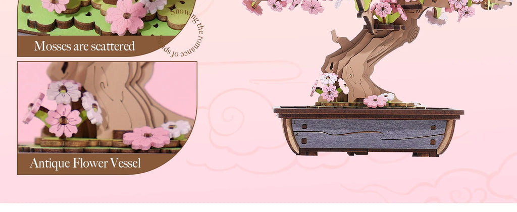 Rolife DIY Wooden 3D Puzzle Sakura Bonsai Model Building Kit for Home Decor Christmas Birthday Gifts for Adults Kids Friends