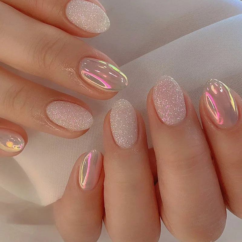 24 short oval press on nails gradient fake nails, paired with 1 piece of jelly and 1 nail file