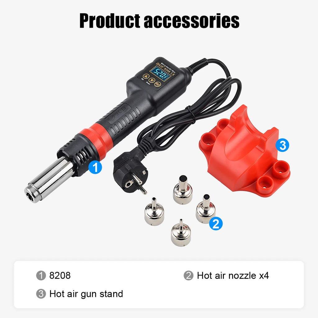 JCD 750W Micro Heat Gun Rework Soldering Air Station LCD Digital Hair Dryer 220V 110V For BGA SMD Hot Air Soldering Tools 8208