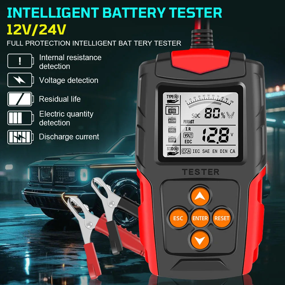 Car Motorcycle Battery Tester 12V 24V Smart Battery Checker Analyzer Test Repair Tools Auto Accessories Universal Lead Acid for RV Truck ATV