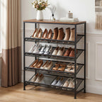 JHK 5-Tier Metal Shoe Storage Cabinet Free Standing Storage Organizer Holds 16-20 Pairs for Closet Shoe Storage Shelf with Adjustable Mesh Shelves and Wooden Top for Space Saving Cabinet Home
