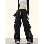 Y2K Black Striped Women Cargo Pants Korean Fashion Wide Leg Baggy Trousers Streetwear Autunm Harajuku Hip Hop Oversized Loose