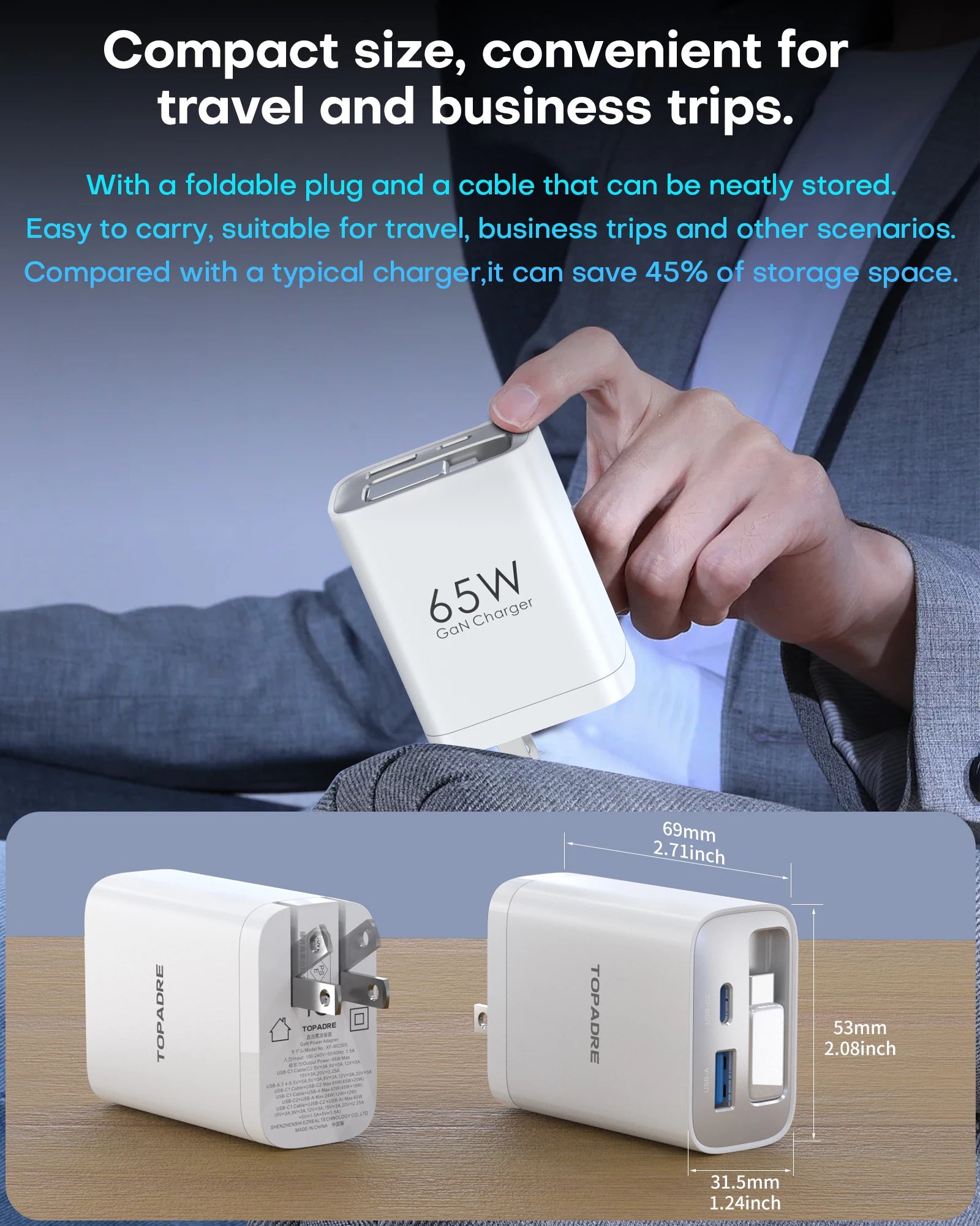 65W GaN Wall Charger with Retractable USB-C Cable, Dual-Port PD 3.0 & QC 4+ / 4.0 Fast Charging for iPhone, Galaxy, Pixel, iPad, Tablets, Nintendo Switch, AirPods