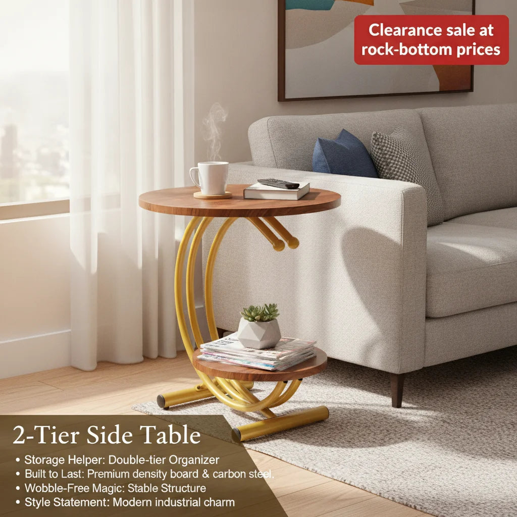 Clearance Sale 2-Tier Round End Table 55x55x60cm Gold Walnut with Storage Shelf Metal Frame Side Table with Hardware for Living Room Bedroom Office Home Decor