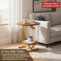 Clearance Sale 2-Tier Round End Table 55x55x60cm Gold Walnut with Storage Shelf Metal Frame Side Table with Hardware for Living Room Bedroom Office Home Decor
