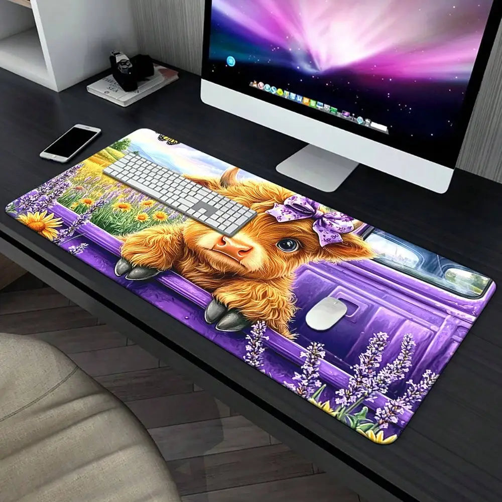1pc Of Adorable Purple Highland Cattle Mousepad - A Large Desk Mat Featuring A Charming Cow And Lavender Field, Equipped With A Non-Slip Rubber Base, A Smooth Surface, And Built To Last For Office Use, Pcs, Laptops, Keyboards