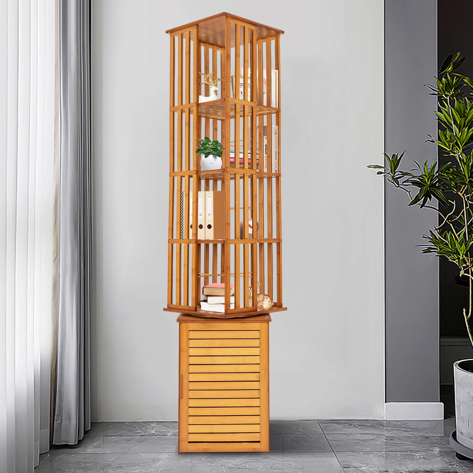 6-Tier Corner Bamboo Book Shelf Waterproof 360° Rotating Storage Display Rack Floor Standing Bookcase Shutter Door Design for Living Room Study Room Office,37*37*172cm