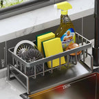 Kitchen Sink Organizer Carbon Steel with Tilted Water Tray Storage Rack for Sponge Brush 23×9×10cm